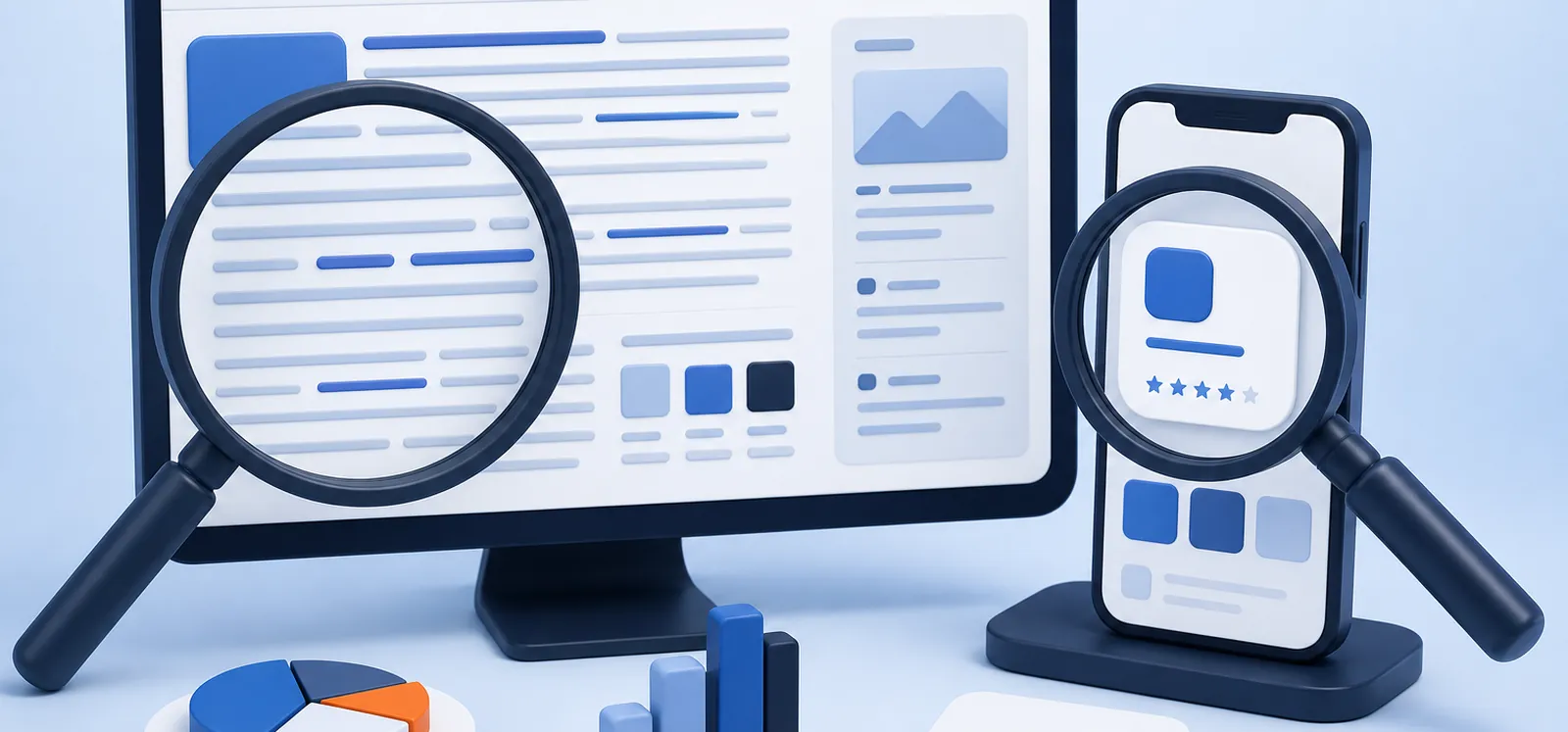 Una lupa sobre una web extensa y otra sobre la ficha de una app con muy poco texto
