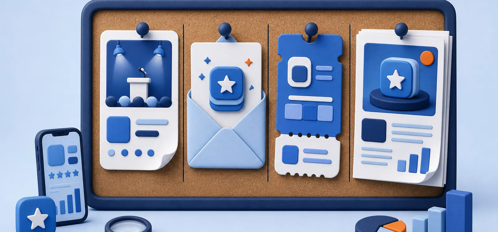 Tablero con los canales para promocionar una app ordenados de la ficha a los canales externos