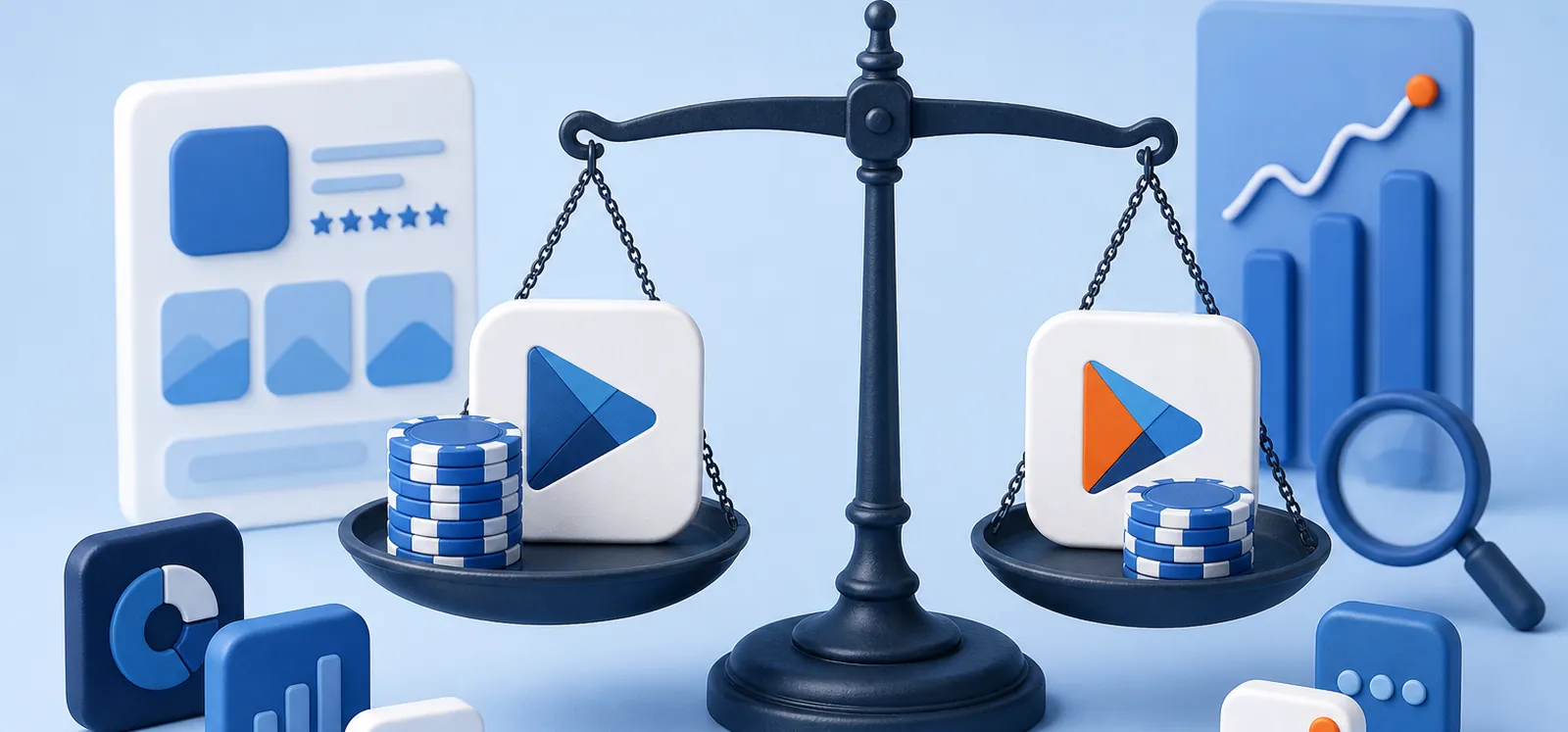 Balanza con dos variantes de una ficha de Google Play comparadas en un test A/B