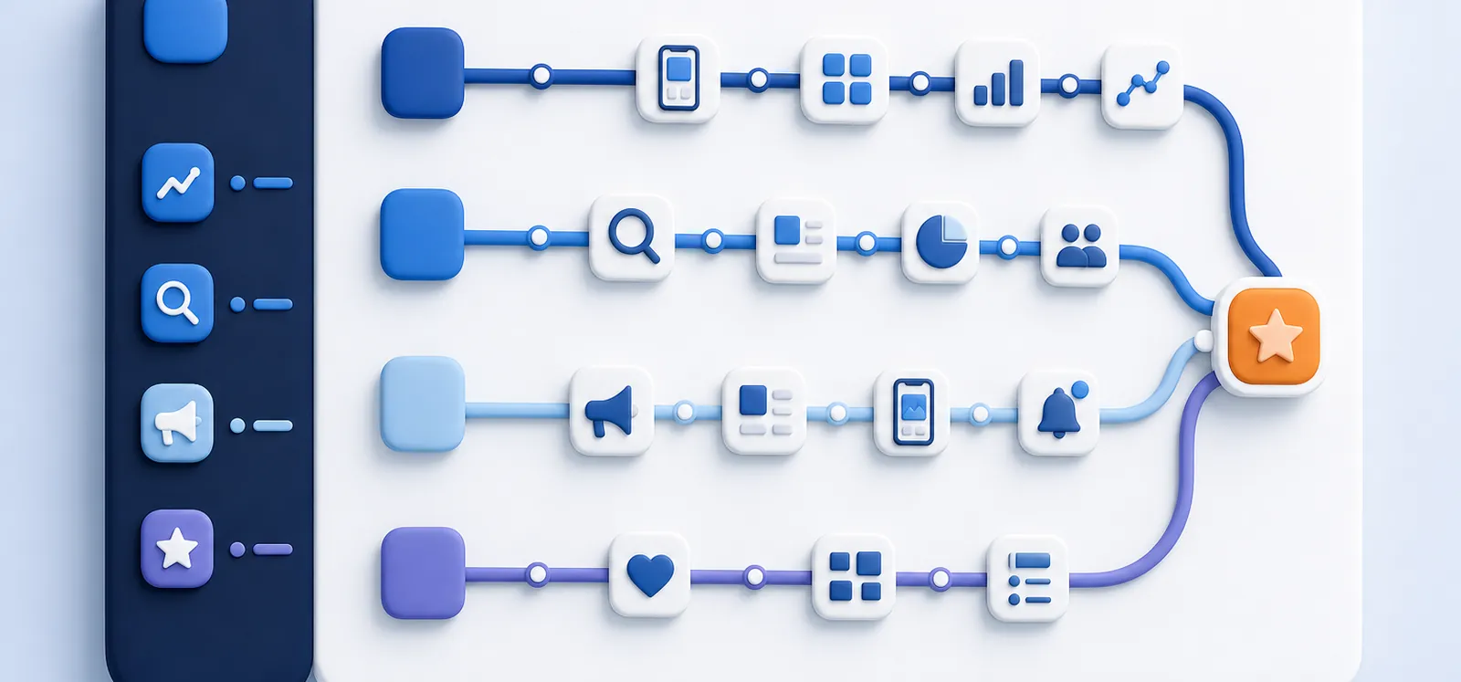Esquema del menú de Google Play Console como un plano de metro con las secciones y tareas principales