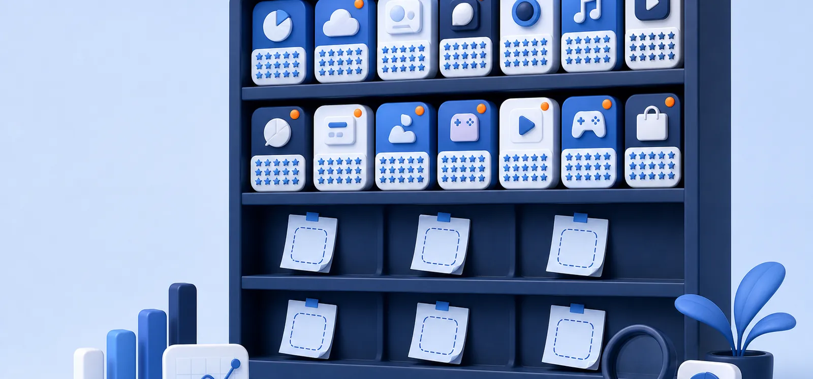 Estantería de apps con baldas saturadas arriba y huecos libres abajo con nichos concretos