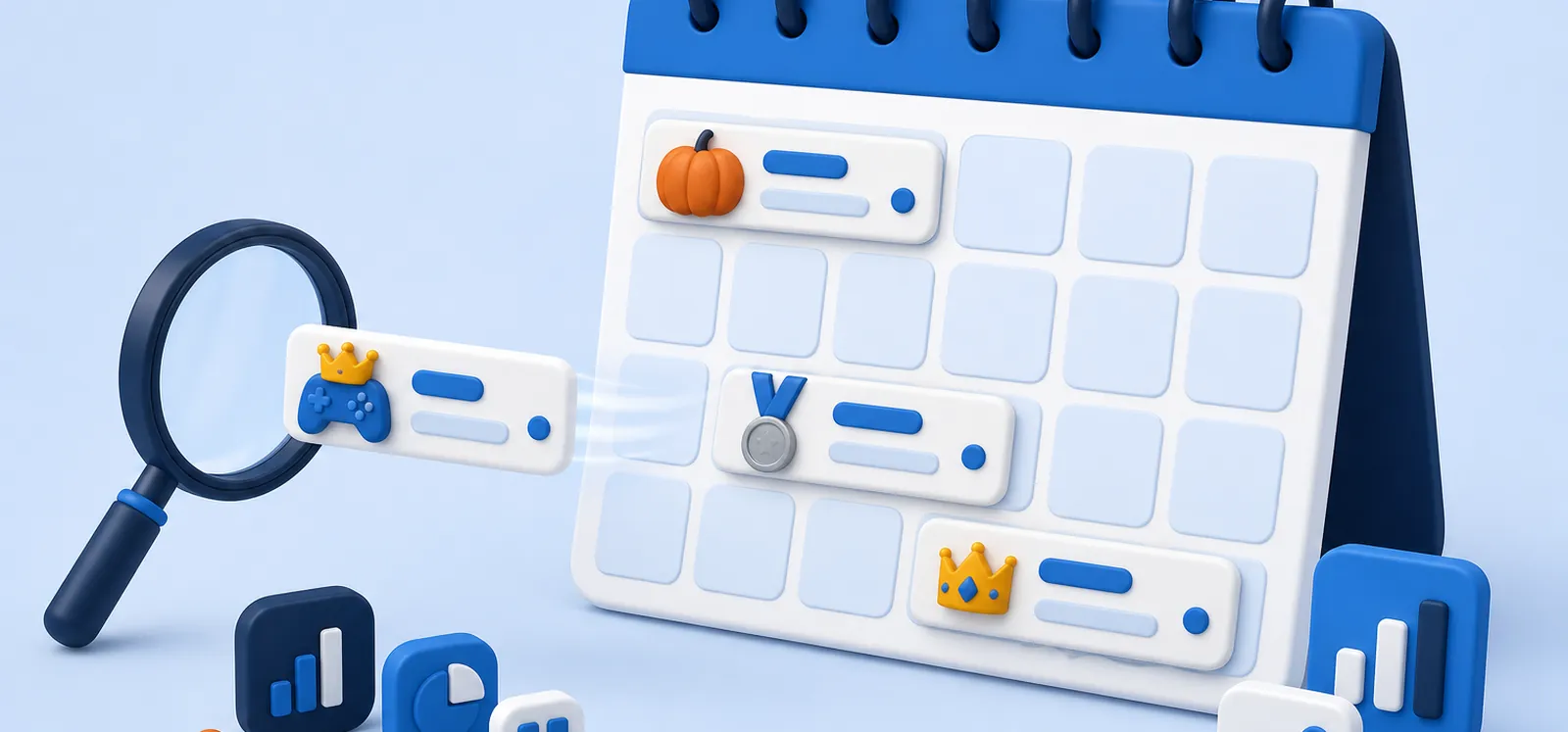 Calendario con tarjetas de eventos de apps saliendo hacia la búsqueda