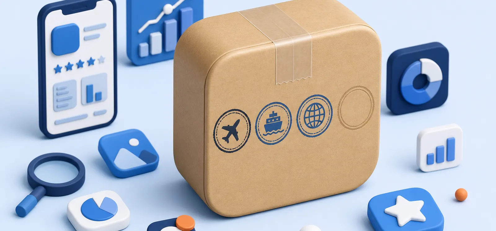 Caja de envío con forma de icono de app y sellos de los pasos de publicación en App Store