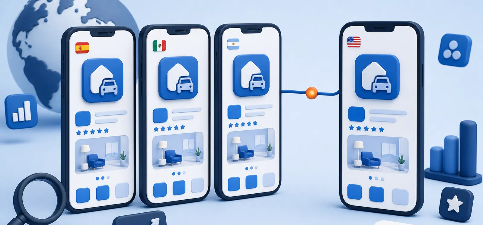 Tres versiones localizadas de la misma ficha de app con el vocabulario de España, México y Argentina