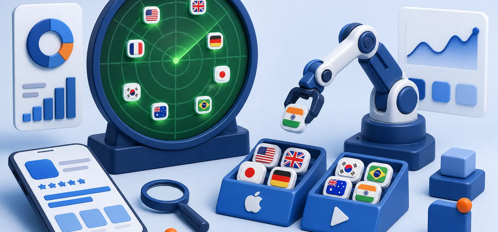 Radar con fichas de apps en varios idiomas que se publican a la vez en App Store y Google Play