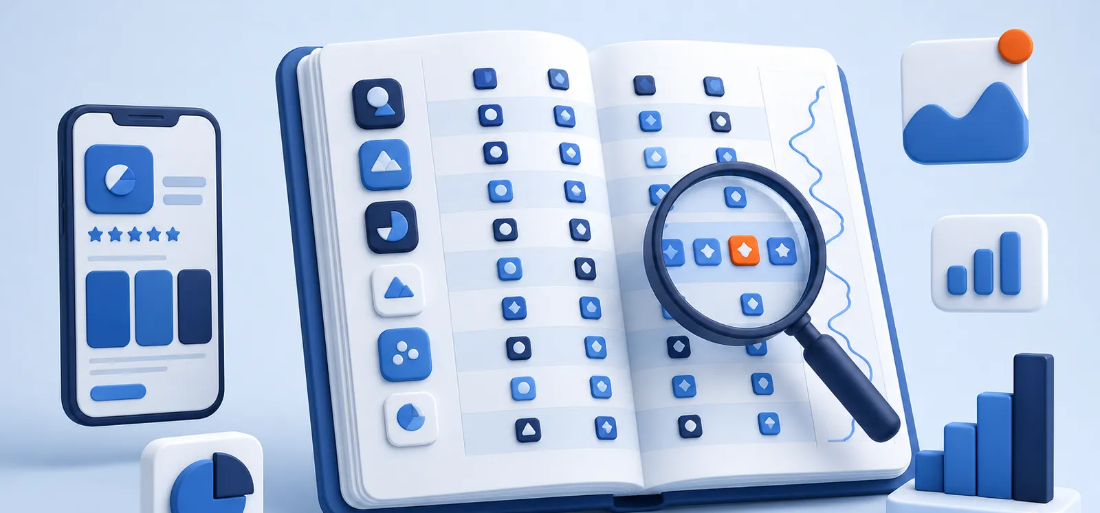 Libro de cuentas con iconos de apps en las columnas y una lupa sobre los ingresos