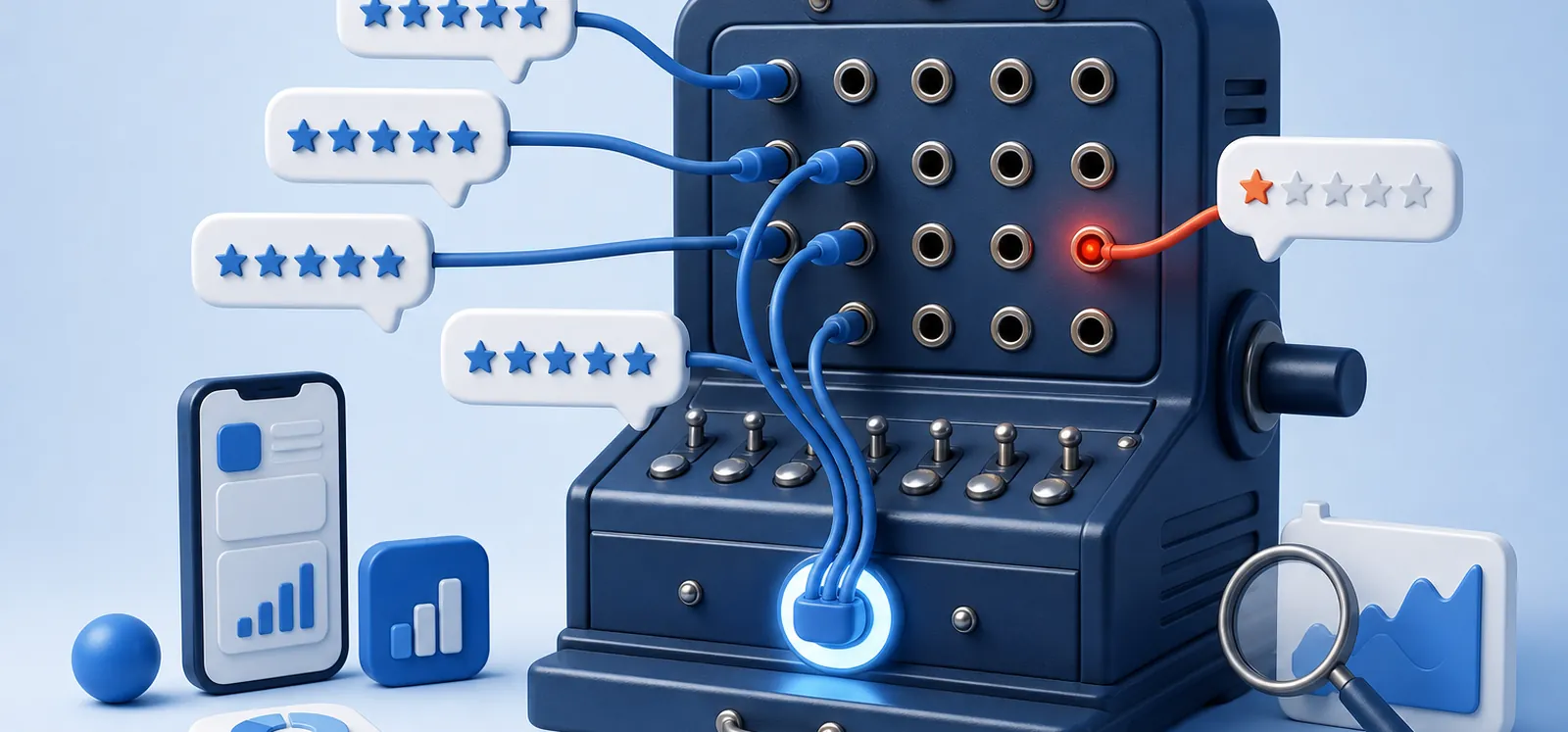 Centralita de reseñas de apps con estrellas, conectadas a una salida para responder