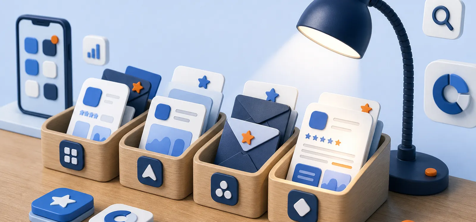 Escritorio con bandejas de palabras clave y reseñas para cuatro tiendas de apps
