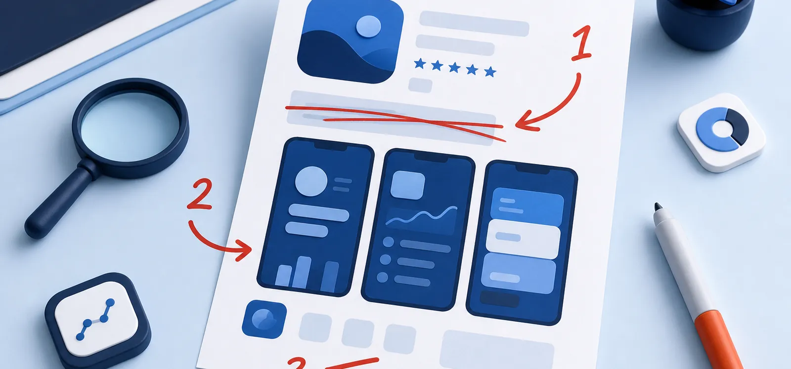 Ficha de una app impresa con correcciones a mano numeradas por prioridad