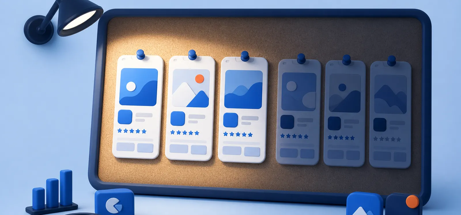 Tarjetas con capturas de una app en las que solo las tres primeras están iluminadas